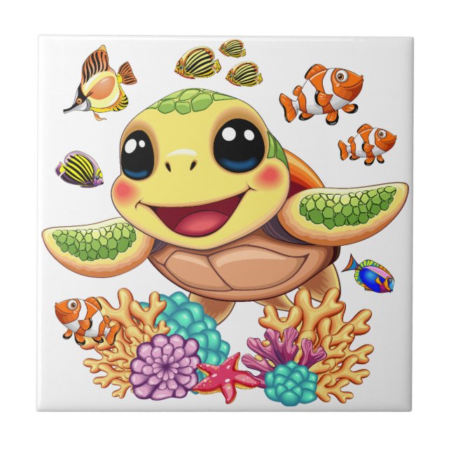 Sea Turtle Baby Happy and Cute Character Ceramic Tile (Front)