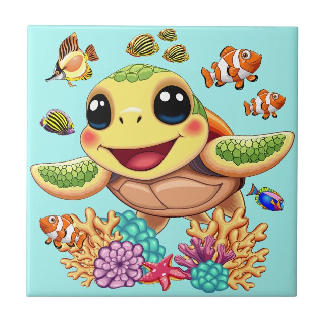 Sea Turtle Baby Happy and Cute Character Ceramic Tile (Front)