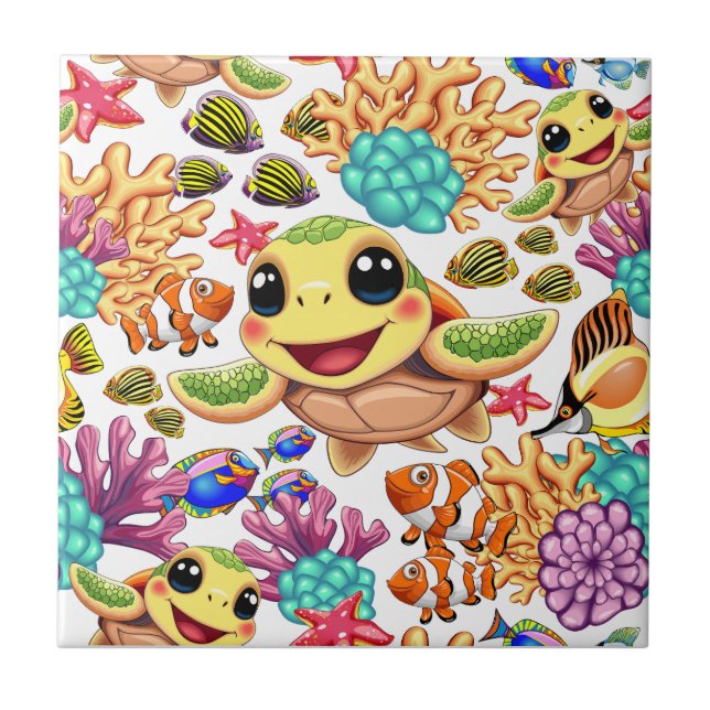 Sea Turtle Baby Happy and Cute Character Ceramic Tile (Front)