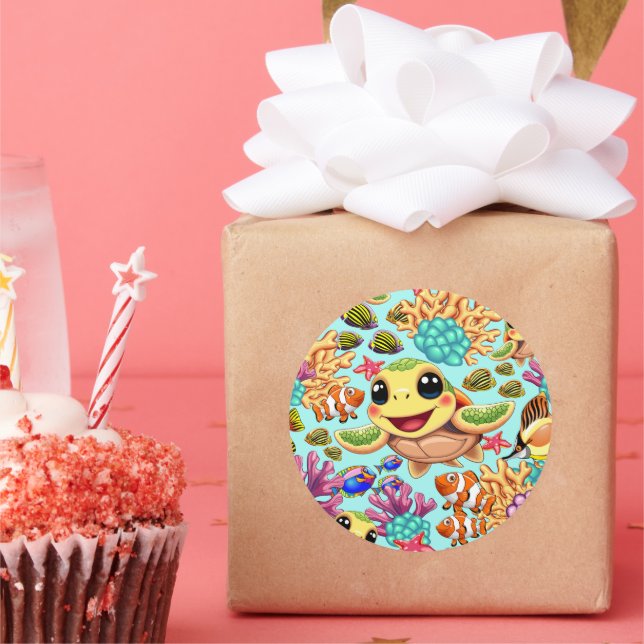 Sea Turtle Baby Happy and Cute Character Classic Round Sticker (Party)