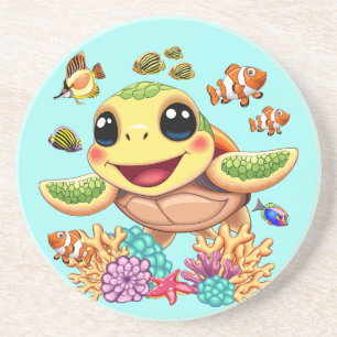 Sea Turtle Baby Happy and Cute Character Coaster