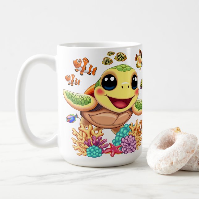 Sea Turtle Baby Happy and Cute Character Coffee Mug (With Donut)