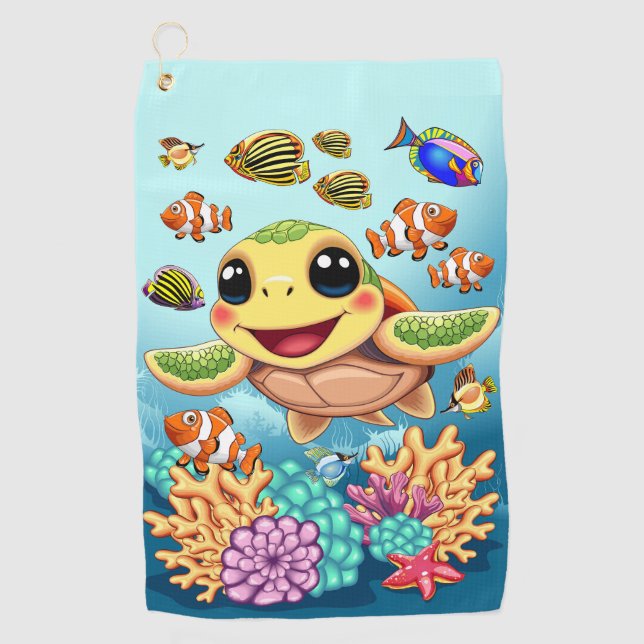 Sea Turtle Baby Happy and Cute Character Golf Towel (Front)
