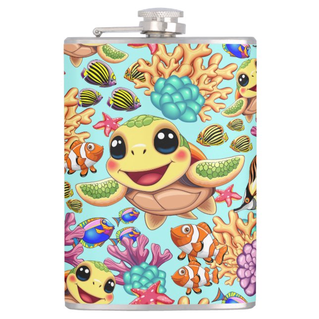 Sea Turtle Baby Happy and Cute Character Hip Flask (Front)