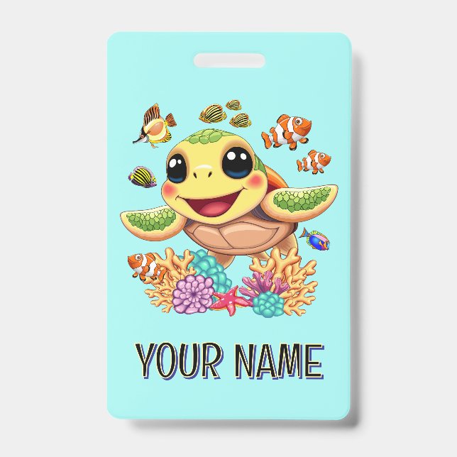Sea Turtle Baby Happy and Cute Character ID Badge (Front)