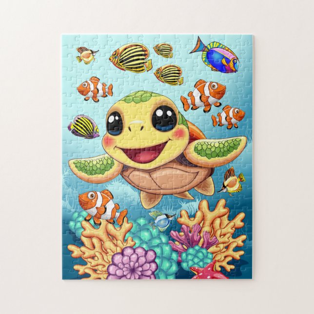 Sea Turtle Baby Happy and Cute Character Jigsaw Puzzle (Vertical)