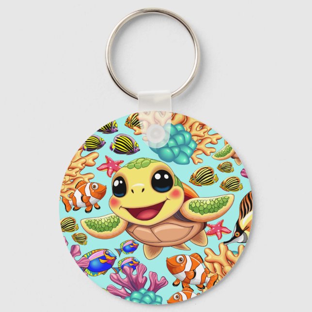 Sea Turtle Baby Happy and Cute Character Key Ring (Front)