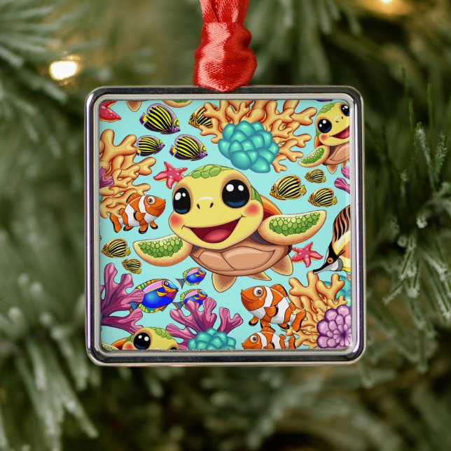Sea Turtle Baby Happy and Cute Character Metal Ornament (Tree)