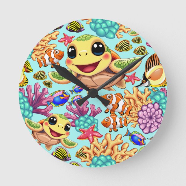 Sea Turtle Baby Happy and Cute Character Round Clock (Front)