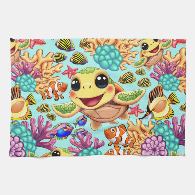 Sea Turtle Baby Happy and Cute Character Tea Towel (Horizontal)