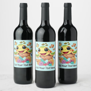 Sea Turtle Baby Happy and Cute Character Wine Label