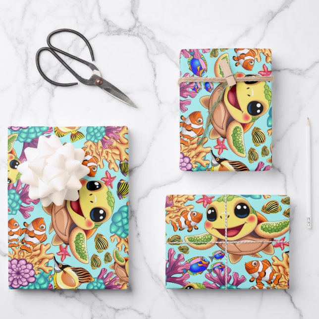 Sea Turtle Baby Happy and Cute Character Wrapping Paper Sheet (Front)