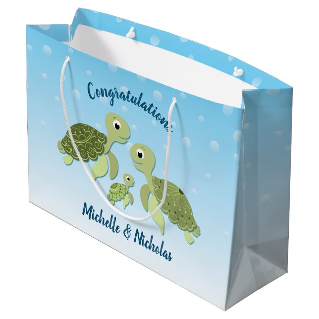 Sea Turtle Baby Shower Co-Ed Gender Neutral Large Gift Bag (Back Angled)