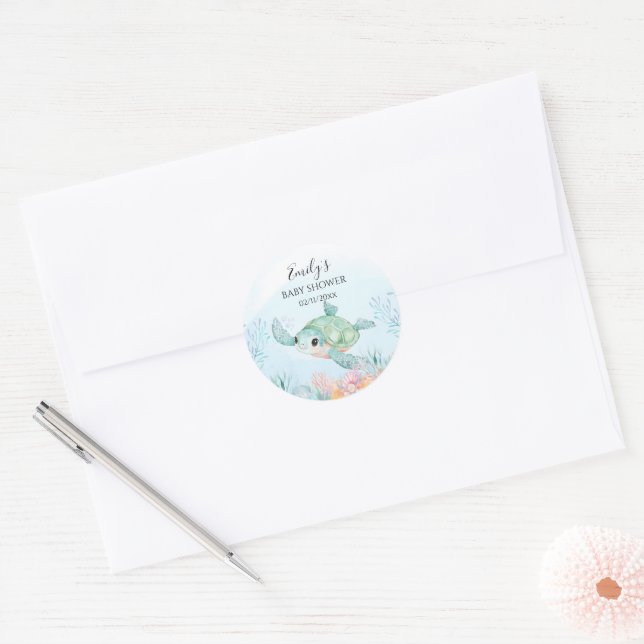 Sea Turtle Baby Shower Round Stickers (Envelope)