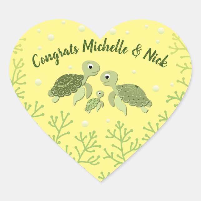 Sea Turtle Baby Shower Yellow  Heart Sticker (Front)