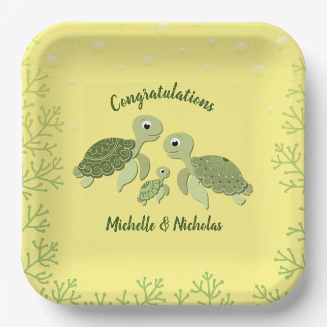 Sea Turtle Baby Shower Yellow Paper Plates 9" v2 (Front)
