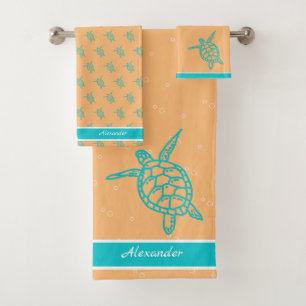 Sea Turtle Bathroom Peach Teal Blue white Bath Towel Set