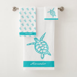 Sea Turtle Bathroom Teal White Nautical Bath Towel