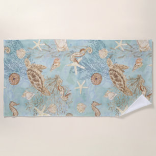 Sea Turtle Beach Ocean Seahorse Shells Starfish Beach Towel