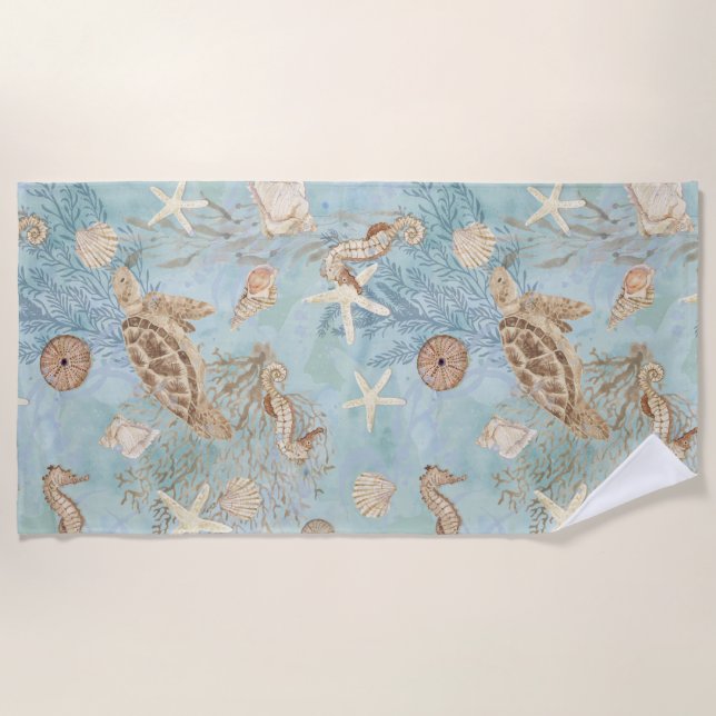 Sea Turtle Beach Ocean Seahorse Shells Starfish Towel (Front)