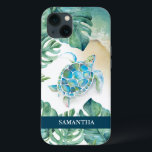 Sea Turtle Beachy Custom Phone Case<br><div class="desc">This custom phone case features a watercolor sea turtle,  shoreline and tropical monstera palm leaves. Personalise with your name in white over a navy blue background. Artwork and design by Victoria Grigaliunas. To see more sea life and beachy phone cases like this visit www.zazzle.com/dotellabelle</div>