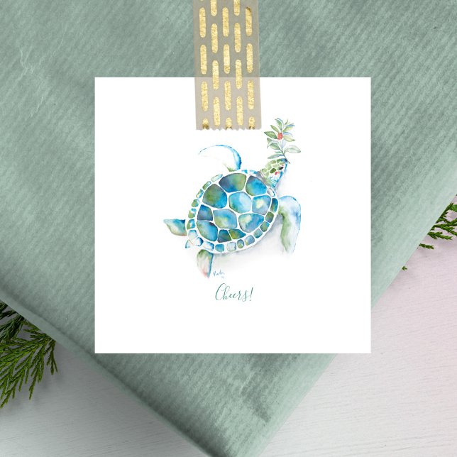 Sea Turtle Beachy Mini Christmas Card (Sea turtle Christmas note cards  watercolor art by Victoria Grigaliunas)
