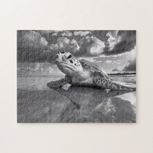 Sea Turtle Black and White Art Jigsaw Puzzle