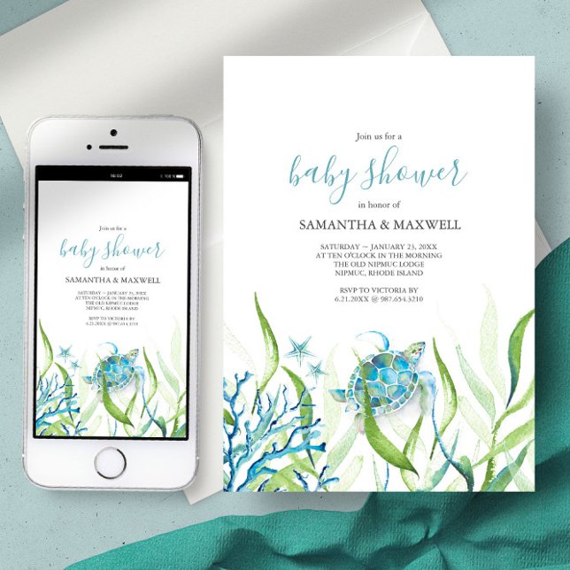 Sea Turtle Blue and Green Baby Shower Invitation (Baby shower invitation under the sea turtle watercolor art Victoria Grigaliunas of Do Tell A Belle)