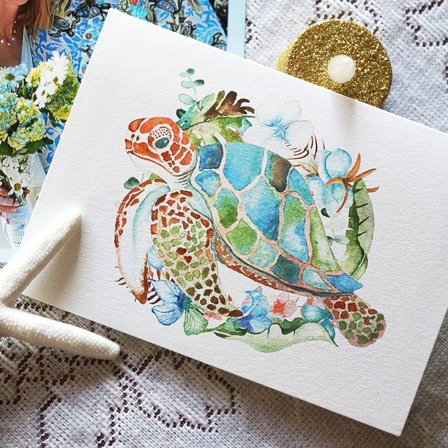 Sea Turtle, Blue Aqua Hibiscus Banana Leaf Wreath Card (Blank Notecard with a Watercolor Sea Turtle and Tropical Leaves in Sea Blue and Green)