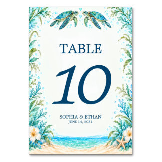 Sea Turtle Blue Green Beach Wedding Table Number