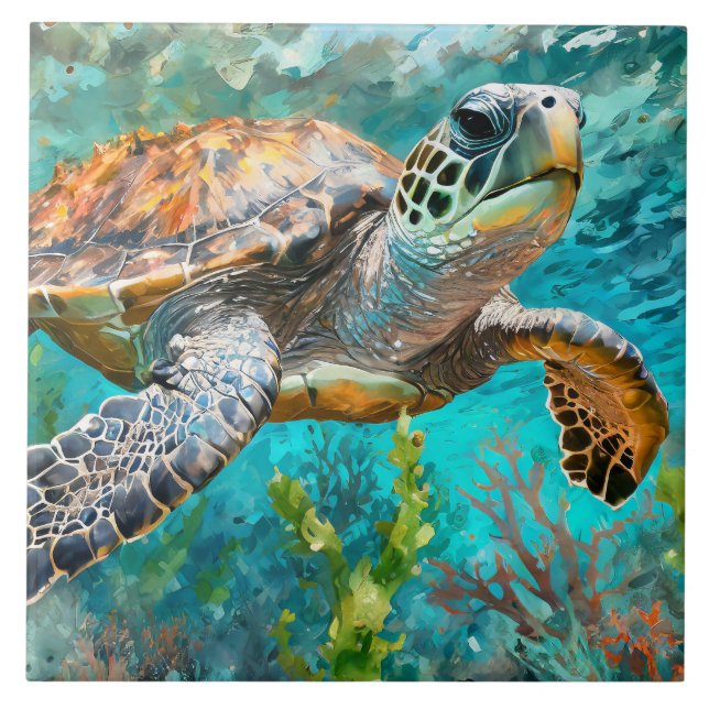 Sea Turtle Blue Green Seaweed and Coral Ceramic Tile (Front)