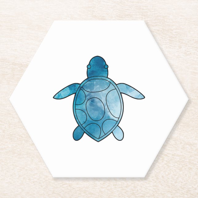 Sea Turtle blue watercolor Paper Coaster (Front)