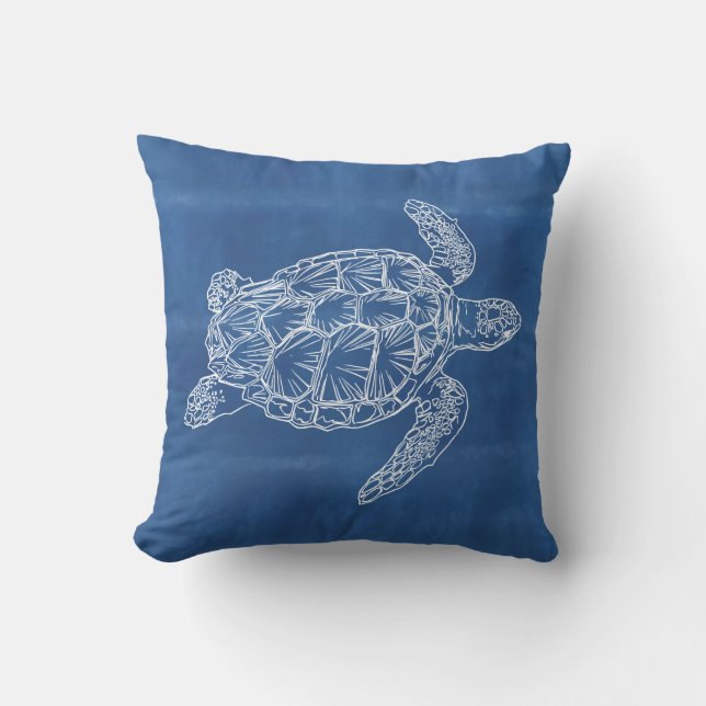 Sea Turtle Blue White Outdoor Pillow (Front)