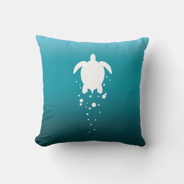 Sea Turtle & Bubbles Against Blue-Green Ocean Cushion (Front)