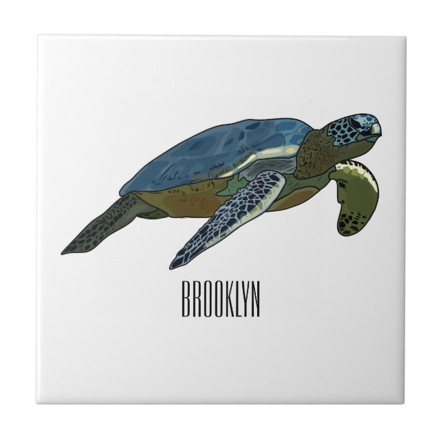 Sea turtle cartoon illustration ceramic tile (Front)