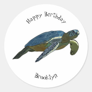 Sea turtle cartoon illustration classic round sticker