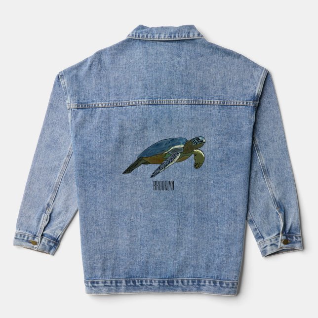 Sea turtle cartoon illustration denim jacket (Back)