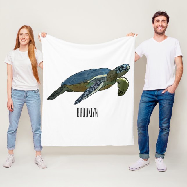 Sea turtle cartoon illustration fleece blanket (In Situ)