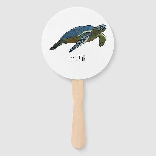 Sea turtle cartoon illustration hand fan (Front)