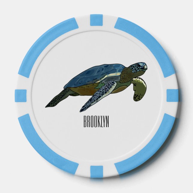 Sea turtle cartoon illustration poker chips (Front)