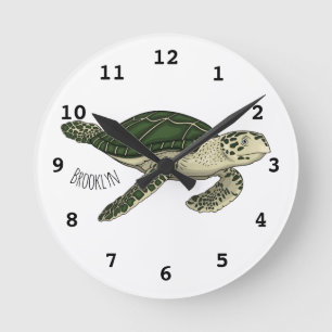 Sea turtle cartoon illustration round clock
