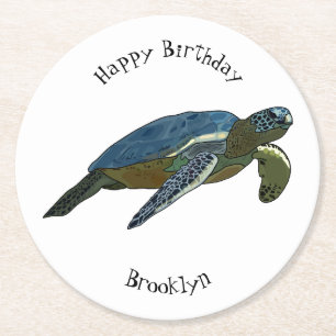 Sea turtle cartoon illustration round paper coaster