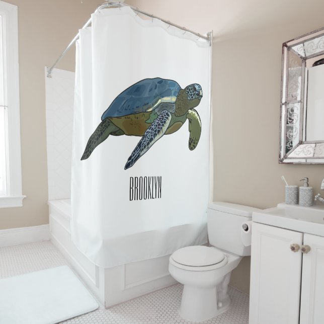 Sea turtle cartoon illustration shower curtain (In Situ)