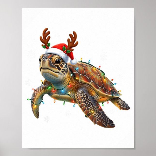 Sea Turtle Christmas Lights Funny Santa Hat Men Wo Poster (Front)