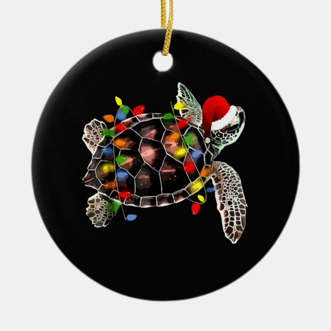 Sea Turtle Christmas Lights Funny Santa Hat Merry  Ceramic Ornament (Front)