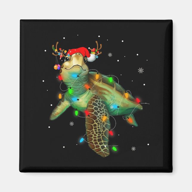 Sea Turtle Christmas Lights Funny Santa Hat Merry  Magnet (Front)