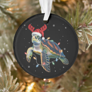 Sea Turtle Christmas Lights Funny Santa Hat Merry Ornament