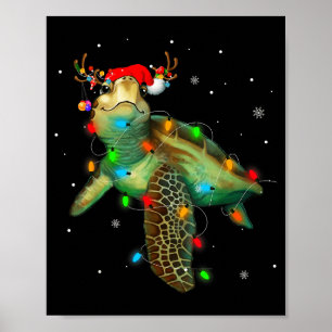 Sea Turtle Christmas Lights Funny Santa Hat Merry  Poster