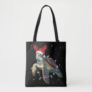 Sea Turtle Christmas Lights Funny Santa Hat Merry Tote Bag