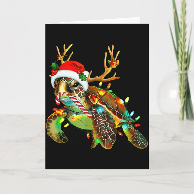 Sea Turtle Christmas Lights Santa Hat Merry Christ Card (Front)